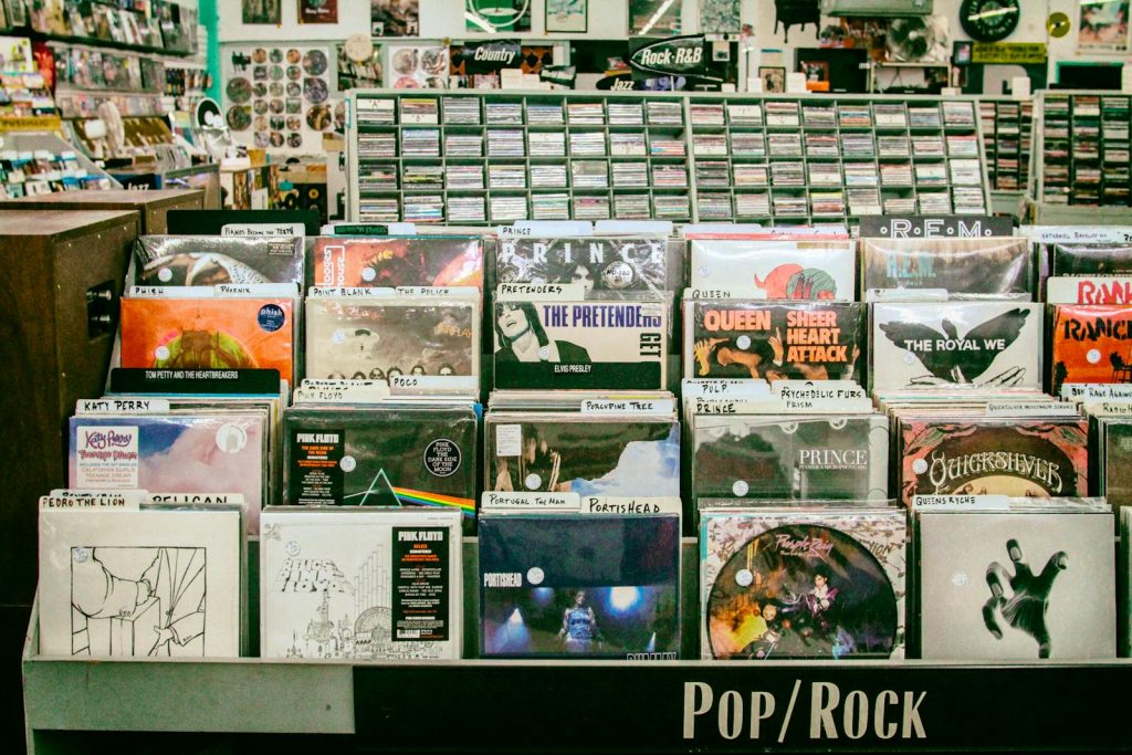 Explore a diverse collection of vinyl records in a vibrant San Mateo music store.